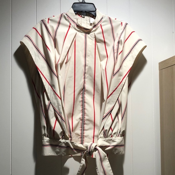 Phillip Lim stripe cream and red cap sleeve mock neck tie waist zipper neck L - Picture 1 of 9